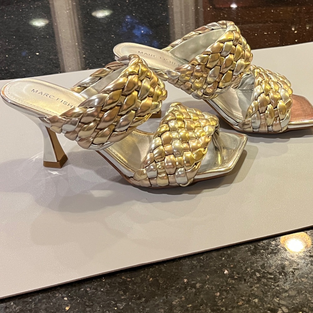 Marc Fisher Gold & Silver Braided Heeled Sandals size- 7.5